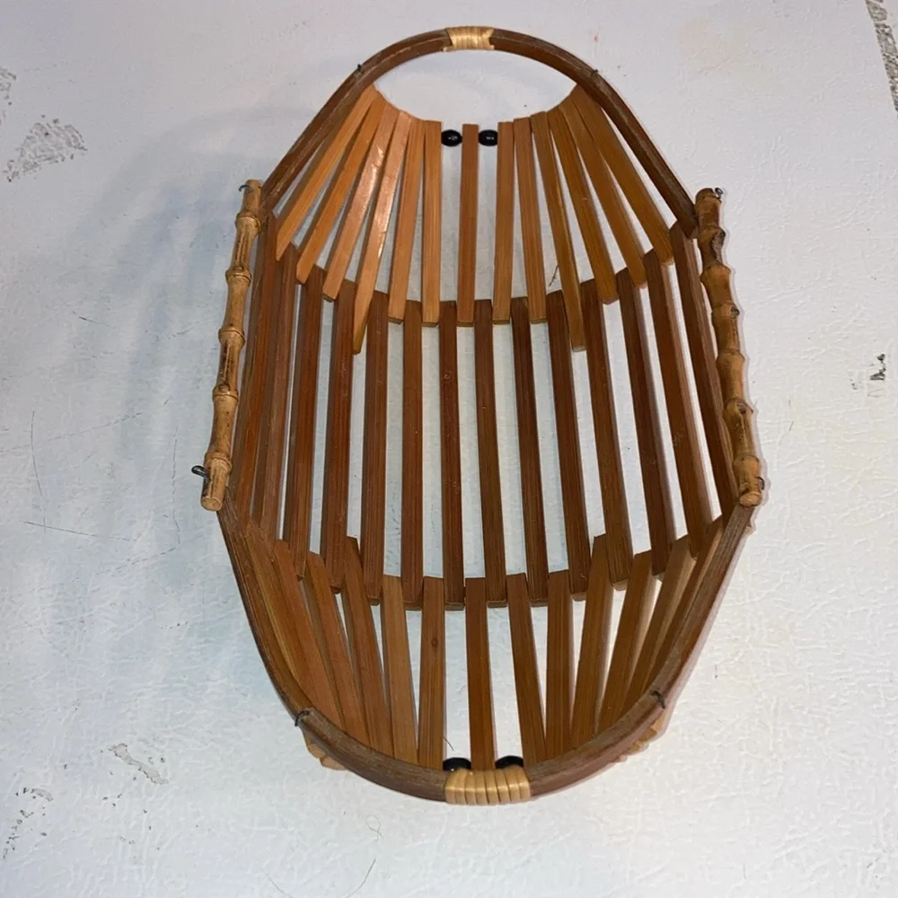 Holiday Bread Baskets Set/2 Mid Century Rattan Baskets W/ Black Beads & Handles
